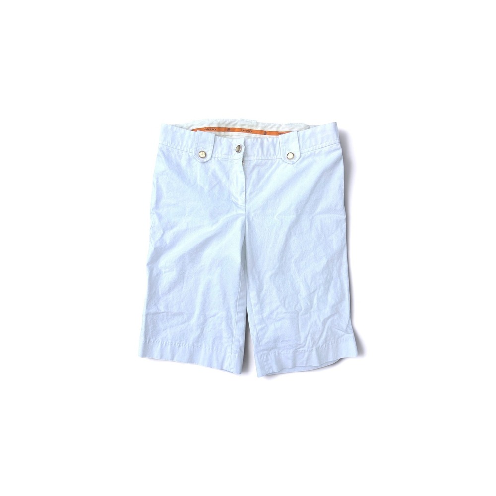Tory Burch Womens White Bermuda‎ Shorts Gold Logo Hardware Stretch Size 2